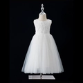 White sleeveless lace flower girl dress with 3D floral embroidery and sequin detail - S-100cm / White (L311)