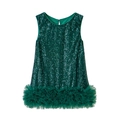 Dettaglio dell'abito smanicato verde smeraldo con paillettes e orlo in tulle multistrato - 90cm / Abito con Paillettes Verdi