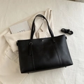Minimalist black PU leather tote bag with shoulder straps and detachable long strap - Black