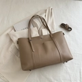 Minimalist large khaki leather tote bag with front pocket and adjustable shoulder strap - Khaki