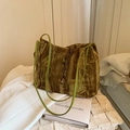 Green vintage velvet tote bag with bamboo leaf pattern and woven tassel detail - Green