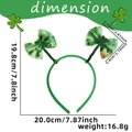St. Patrick's Day green headband with sequined clover bows and size dimension details - Double Gold Coin Shamrock Bows Style