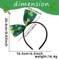 St. Patrick's Day green bow headband with gold glitter clover patterns and dimension specs - Green Bow with Shamrock Style