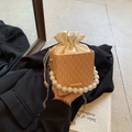 Khaki checkered drawstring bucket bag with pearl handle and metal chain strap - Khaki