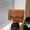 Brown quilted PU leather crossbody bag with gold chain strap and square metal buckle - Brown