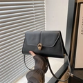 French retro matte black shoulder bag with golden link buckle and adjustable strap - Black