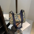 Vintage floral tapestry tote bag in blue with adjustable wide strap for daily fashion - Dark Blue