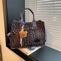 Large leopard print tote bag with blue handles, bear charm and detachable shoulder strap - With Pendant / Blue