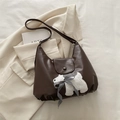 Sac à bandoulière en cuir PU marron avec écusson de chien en peluche et nœud - Marron