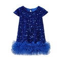 Sparkling dark blue sequin dress for girls with elegant layered tulle hem design - Blue (Autumn/Winter Style) / 120cm