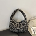 Bolso de mano con estampado de leopardo para mujer en peluche suave negro y gris - Negro