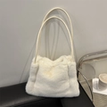 Minimalist white faux fur large shoulder bag with soft plush texture for women - White
