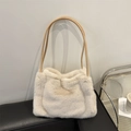 Chic beige plush tote bag with long shoulder straps for autumn and winter style - Khaki