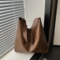 Minimalist large-capacity dark brown soft leather hobo tote bag for daily casual use - Brown