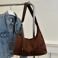 Retro large brown hobo bag in suede texture with white stitching and wide strap - Brown