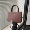 Brown chic square handbag with gold lettering and small coin purse attachment - Brown