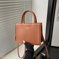 Chic brown faux leather square tote bag with gold lettering and top handle - Brown