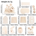 Detailed dimensions of DIY wooden Easter bunny cottage puzzle with cutout egg components - Eggshell Sunflower Fence Cabin Style