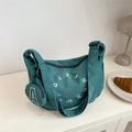 Dark green corduroy shoulder bag set with white embroidery and mini round coin purse - Dark Brown