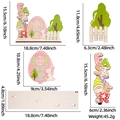 Detailed dimensions of Easter wooden table decor with colorful bunny and flower prints - Fence Cabin Style