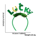 Detailed dimensions of St. Patrick's Day lucky headband with green clover and hat - LUCKY Letters Style