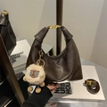 Deep brown matte leather hobo handbag with gold buckle and cute plush sheep charm - With Pendant / Brown