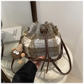 Detail of plaid wool bucket bag with leather drawstring and plush monster charm - Gray (With Pendant)