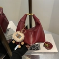 Dark red faux leather shoulder bag with a cute alpaca plush charm and gold buckle - With Pendant / Red
