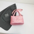 Pink quilted puffer tote bag with adjustable shoulder strap for women's winter fashion - Pink