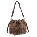 Modische braune Plaid Beuteltasche mit Kordelzug und gewebtem Griff für Damen - Braun