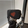 Minimalist black square crossbody bag with red heart print and geometric wide strap - Black