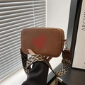 Brown litchi leather camera bag with red heart and wavy pattern strap for women - Dark Brown