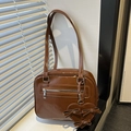 Dark brown oil wax leather shoulder bag with vintage glossy finish and heart pendant - With Pendant / Brown