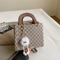 Fashion monogram handbag with brown leather handles and cute white plush doll pendant - With Pendant / Khaki