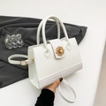 White minimalist square handbag in smooth and crocodile skin texture with flower lock - White