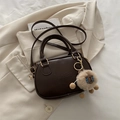 Retro dark brown Boston bag with embossed letters and plush lamb pendant charm - With Pendant / Brown