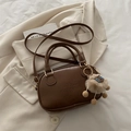 Brown vintage PU leather mini box bag with embossed text and plush bear charm - With Pendant / Brown