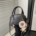 Black vintage PU leather crossbody bag with Lucky Ohio embossing and plush charm - With Pendant / Black