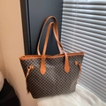 Bolso tote grande retro marrón oscuro con lunares dorados y correas color camel - Marrón