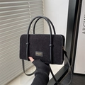Retro black corduroy tote bag with beaded straps and minimalist leather label for women - Black