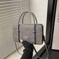 Gray corduroy rectangular shoulder bag with round handles and fashion brand leather patch - Gray