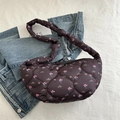 Quilted crescent shoulder bag in dark purple with pink floral prints and knot strap - Brown