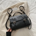 Retro black PU leather backpack and handbag with vintage gold buckle straps for women - Black