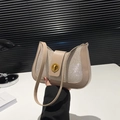 Fashionable beige crescent shoulder bag with sparkling rhinestones and gold twist lock - Khaki