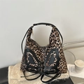Borsa tote alla moda leopardata con fiocco nero e tracolla versatile rimovibile - Cachi