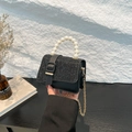 Mini black sequin square bag with pearl handle and gold chain strap for women - Black