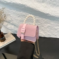 Pink rhinestone mini handbag with pearl handle and gold chain for women - Pink