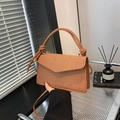 Brown woven texture handbag with knotted handle and long strap in rectangle flap style - Dark Brown