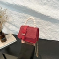 Sparkly red sequin mini square bag with elegant pearl handle and gold chain strap - Red