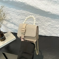 Chic beige crossbody bag with pearl handle and sparkling rhinestone flap for women - Khaki